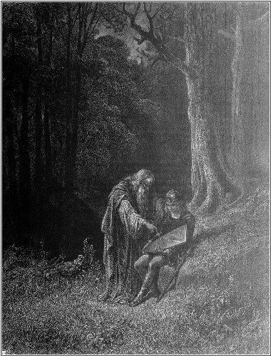 Merlí instruint Artús, gravat de Gustave Doré